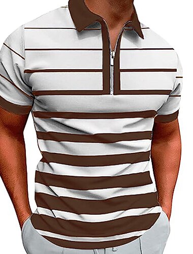  Herren Zip Polo Poloshirt Casual Täglich Viertel Postleitzahl Kurzarm Modisch Basic Streifen Horizontale Streifen Zip Sommer Regular Fit Weiß Gelb Rote Marineblau Braun Zip Polo