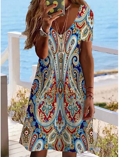  Damen Minikleid Casual kleid Ethnisches Kleid Etuikleid Minikleid Urlaub Modisch Klassisch Urlaub Geburtstag Casual Regular Fit Blumen Paisley-Muster Kurzarm V Ausschnitt Tiefes V Rote Staubiges Blau