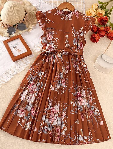  Kinder Mädchen Blumenkleid Blume Kurzarm Schule Leistung Gerafft Aktiv Niedlich Baumwolle Knielang Blumenkleid Sommerkleid Sommer Frühling 4-12 Jahre Schwarz Rosa Pfirsich