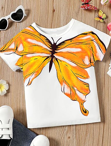  kinderkleidung Mädchen T-Shirt Schmetterling Casual Kurzarm Rundhalsausschnitt Aktiv Baumwolle 7-13 Jahre Frühling Hellgrün Rosa Blau