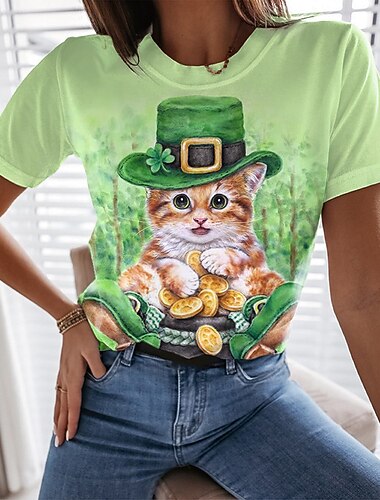  Den svatého Patrika Den Sv. Patrika Dámské Tričko Tisk Kočka 3D Den Sv. Patrika Den Sv. Patrika Krátký rukáv Kulatý Běžné topy Denní Víkend Trávová zelená