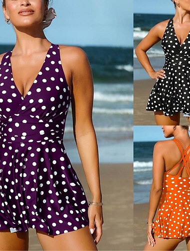  1 pcs Купальники Платья Swimsuits Ретро 1950-е года Жен. Горошек Полиэстер Черный Синий Платье