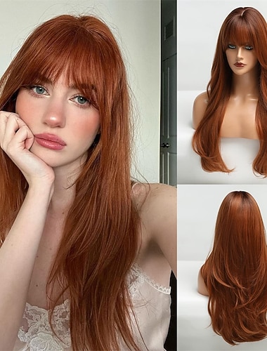 شعر مستعار طويل بني محمر مع الانفجارات شعر مستعار برتقالي مجعد ذو طبقات للنساء باروكات اصطناعية طبيعية للاستخدام اليومي   شعر مستعار طويل بني محمر مع الانفجارات شعر مستعار برتقالي مجعد ذو طبقات للنساء باروكات اصطناعية طبيعية للاستخدام اليومي