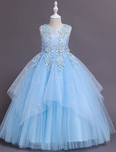  Prinzessin Boden-Länge Blumenmädchenkleid Mädchen Süßes Ballkleid Spitze mit Blütenblätter Königlicher Stil Fit 3-16 Jahre