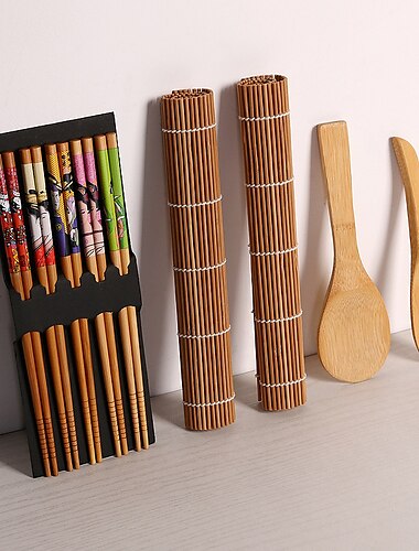  9 unids/set diy fabricante de sushi de bambú, cortina de sushi, kits para hacer sushi de arroz, rollo de herramientas de cocina, palillos, cuchara, hoja de sushi