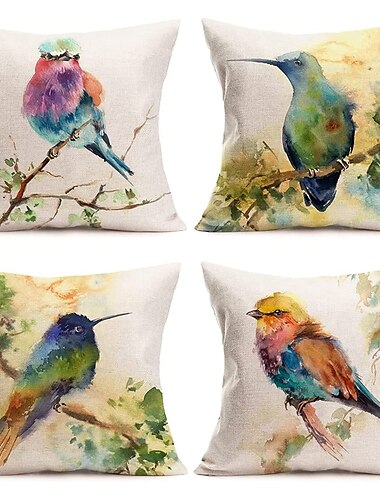  Watercolor Bird Double Side Pillow Cover 4PC Soft Decorative Square Cushion Case Pillowcase for Bedroom Livingroom Sofa Couch Chair