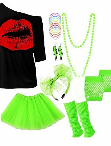  Damen 80er Kostüme Outfit 1980er T-Shirts Accessoires Set T-Shirt Tutu Rock Ohrringe Halskette Armbänder Netzhandschuhe Stulpen Stirnband 8-tlg Schlager Outfit
