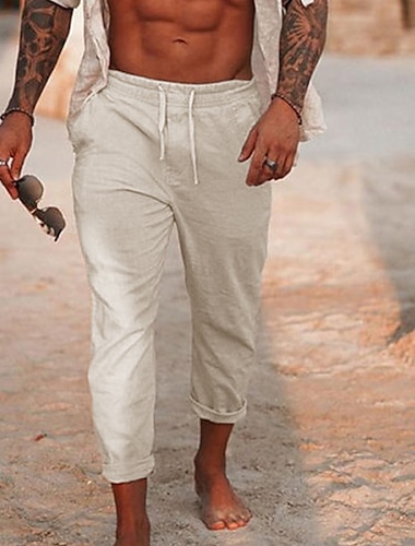  Herren Leinenhose Hose Hosen Sommerhosen Kordelzug Elastische Taille Glatt Komfort Atmungsaktiv Täglich Strand Modisch Einfach Schwarz Weiß Mikro-elastisch