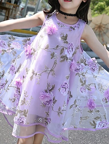  kinderkleidung Mädchen Kleid Blume Ärmellos Casual Aktiv Täglich Baumwolle Übers Knie Casual kleid Blumenkleid Sommer Frühling 4-12 Jahre Gelb Rosa Purpur
