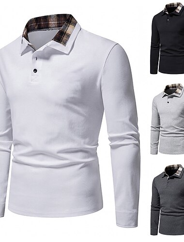  Per uomo Maglietta informale POLO Esterno Attività commerciale Collo a polo Classico Manica lunga Essenziale Classico Tinta unica A quadri Formale Pulsante frontale Primavera Autunno Standard Nero