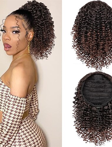  kurze lockige Pferdeschwanz-Verlängerung für schwarze Frauen 10 Zoll naturschwarzer gelockter Pferdeschwanz mit Kordelzug mit zwei Clips synthetischer Afro-Pferdeschwanz mit Kordelzug für schwarze