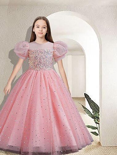  Kinderen Voor meisjes Bloemenmeisjesjurk Feestjurk Effen Kleur Bloem Korte mouw Prestatie Bruiloft Feest Pailletten Elegant Prinses Polyester Maxi Roze prinsessenjurk Tule-jurk Zomer Lente 4-13 jaar