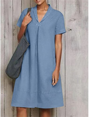 Femmes Vert militaire Bleu Ciel Kaki Été Printemps Robe Midi Robes en coton et lin Robe Décontractée Mode Moderne Occasionnel Extérieur Vacances Quotidien Coupe Ample Uni Col en V
