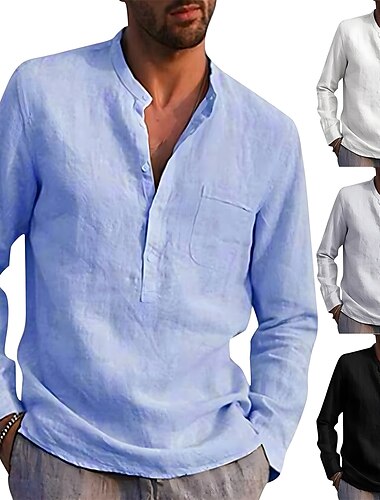  Voor heren Overhemd linnen overhemd Overhemd met bandkraag Zomer overhemd Strand Kleding Effen Kleur Straat Hawaii Licht Blauw Rode Wijn Zwart Wit Lange mouw Kraag Zomer Lente Kleding