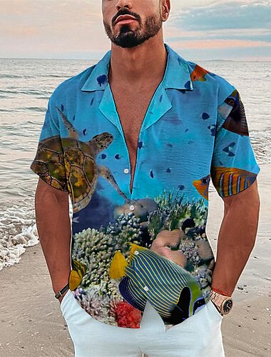  Herren Tropisch Fische Unterwasserwelt Hemd Hawaiihemd Sommerhemd Camp-Shirt Kurzarm Hemd Umlegekragen Modisch Designer Brautkleider schlicht Outdoor Strasse Casual Meeresblau Schwarz Marineblau