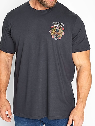  男性用 プラスサイズ ビッグトール Tシャツ クルーネック ダックグレー 半袖 アウトドア お出かけ プリント 虎 グラフィック フラワープリント 衣類 コットン混 ストリートファッション スタイリッシュ カジュアル