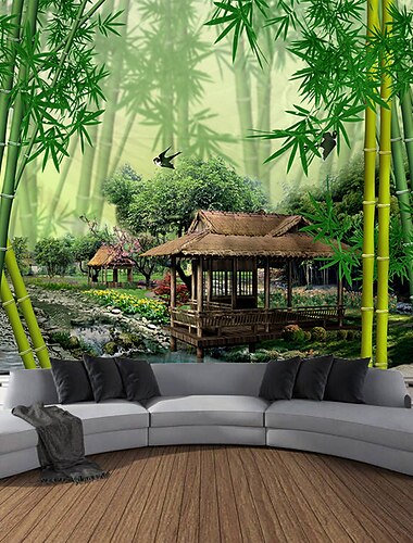 mooi groen wandtapijt bamboe houten brug planten natuurlijk landschap kunst decoratie tapijt gordijn opknoping thuis slaapkamer woonkamer decoratie