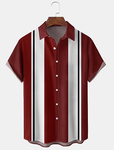  Men's Shirt Casual Shirt Bowling Shirt Button Up Shirt Black Wine Red Short Sleeve Striped Turndown Vacation Street Vintage Style Clothing Apparel Polyester Cotton Blend Fashion 1950s Casual