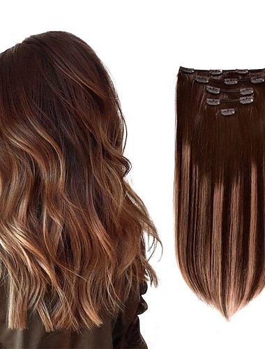  5 pièces 14 extensions de cheveux remy à clip de cheveux humains brun chocolat à blond miel surbrillance brune ombre - extensions de cheveux réels soyeux, courts et épais pour femmes