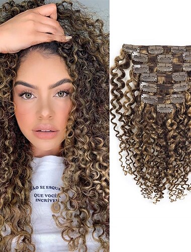  deux tons couleur 14 pouces jerry clip bouclés dans l'extension de cheveux cheveux humains # 4 couleur marron foncé avec # 27 couleur blonde fraise 3b 3c bouclés double trame avec 7 pièces 120 grammes
