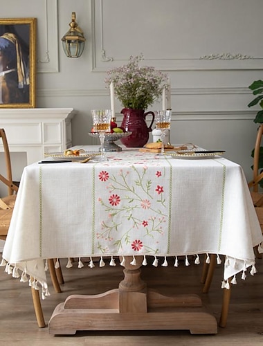 Nappe de ferme en coton et lin - Nappe de printemps ronde en tissu d'extérieur - Rectangulaire ovale pour pique-nique, mariage, salle à manger, Pâques, cuisine