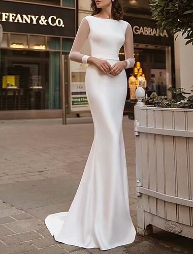  réception style royal robes de mariée simples sirène col rond manches longues balayage / pinceau train robes de mariée en satin avec couleur unie robe de soirée de mariage d'été pour impressionner