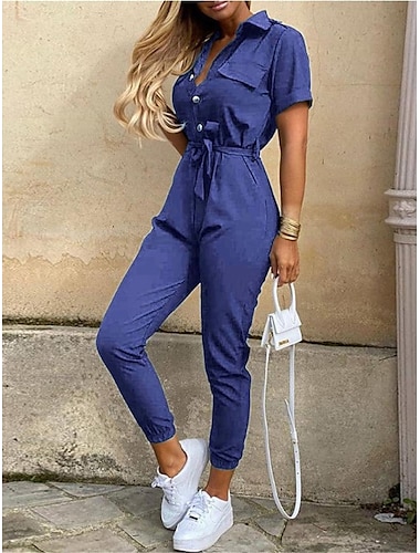  Women's Jumpsuits Casual Summer Button Solid Color Shirt Collar Streetwear Daily Vacation Regular Fit Short Sleeve Pink Wine Navy Blue S M L