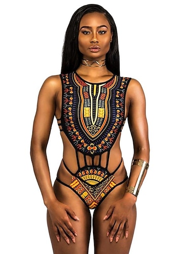  1 pcs Купальники Бикини Swimsuits Африканский традиционный Жен. Графика Полиэстер Черный Белый Цельный купальник