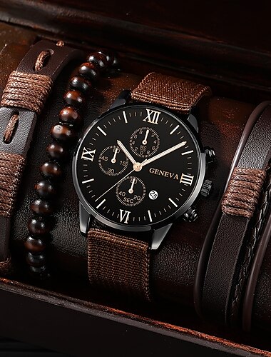  Herrars 4pcs/Set Quartz Klocka för Män Analog Quartz Retro Stilig Kronograf Legering Nylon Sport Stil Klockor Fars Dag Gåvor