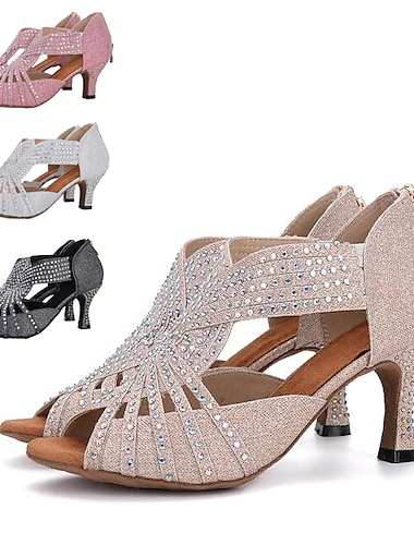  Mulheres Sapatos de Dança Latina Espetáculo Lantejoulas de Cristal com Brilho Sandália Salto Pedrarias Purpurina Salto Carretel zíper Preto / Branco Branco / Prata Rosa claro