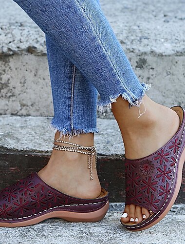  Damen Hausschuhe Slippers Übergrössen Hausschuhe Outdoor Strand Feste Farbe Sommer Keilabsatz Offene Spitze Brautkleider schlicht Minimalismus Kunstleder Halbschuhe Schwarz Rote Blau