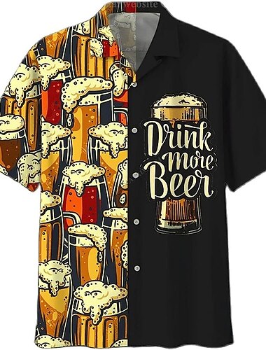  Voor heren Grafische prints Bier Overhemd Hawaiiaans overhemd Aloha-shirt Korte mouw Tropisch Modieus Hawaii Casual Hawaii Feestdagen Zomer Lente Strijkijzer Afdrukken Button-omlaag Lichtgeel Zwart