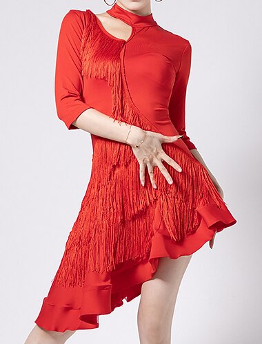  الرقص اللاتيني فستان مهدبة ruching في مجوف نسائي أداء التدريب نصف كم ارتفاع عال بوليستر