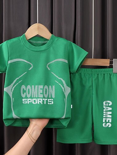  ２個 子供 男の子 Tシャツ＆ショーツ 衣装 レタード 半袖 クルーネック コットン 設定 カジュアル クール 日常 夏 春 7-13歳 ブラック ホワイト イエロー