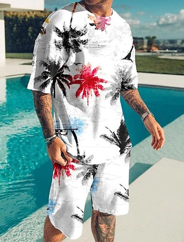  Herren Grafik Kokospalme Strand 2St T-Shirts-Sets Passende Sets Kurzarm Kurze Hosen Rundhalsausschnitt Hawaiianisch Designer Lässig Outdoor Urlaub Täglich 3D-Druck Frühling & Sommer Weiß Blau