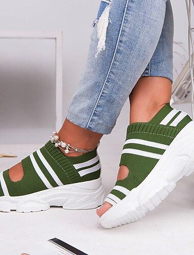  Naisten sporttiset neulotut peep toe -sandaalit, joissa paksu valkoinen pohja ja raidallinen muotoilu, hengittävät platform-lenkkarit ja sandaalit kesäkävelyyn ja rentoon asuun