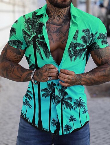  Herre Grafisk Palme træ Tropiske Planter Skjorte Hawaii skjorte Aloha skjorte Kortærmet Skjorte Aftæpning Mode Designer Afslappet Gade Daglig Ferie Havblå Gul Lilla 3D-udskrivning S M L