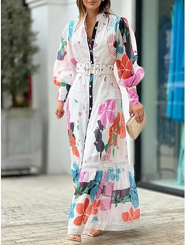  Mujer vestido largo vestido largo Vestido informal Vestido Estampado Vestido de primavera Floral Moda Casual Exterior Diario Vacaciones Encaje Estampado Manga Larga Escote Chino Vestido Holgado Blanco