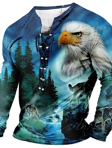  męska koszulka 3D z orłem i wilkami na co dzień | zielony zimowy poliester | męska koszulka z grafiką zwierzęcy kołnierzyk odzież odzież druk 3D codzienne sznurowanie z długim rękawem projektant mody