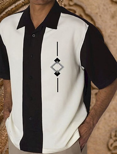  男性用 シャツ ボーリングシャツ ボタンアップシャツ サマーシャツ ブラック ブラウン カーキ色 半袖 カラーブロック 折襟 アウトドア ストリート ボタンダウン 衣類 ファッション 1950年代風 カジュアル 高通気性