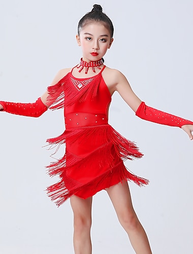  Latein-Tanz Kleid Quaste Seitlich drapiert Horizontal gerüscht Mädchen Leistung Ausbildung Ärmellos Polyester