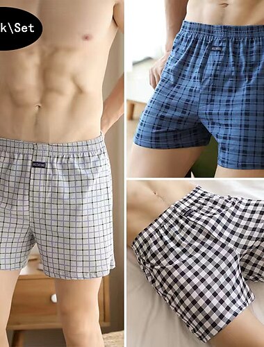  Bărbați 3 pachet Lenjerie Boxeri Boxer Boxer americani Imprimeu Amestec Bumbac Lavabil Comfortabil Tartan / Carouri Talie Joasă Albastru + Gri + Gri deschis