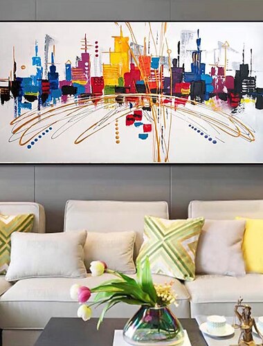  Mintura handgefertigte farbenfrohe Stadtlandschafts-Ölgemälde auf Leinwand, Wandkunst, Dekoration, modernes abstraktes Bild für Wohnkultur, gerolltes, rahmenloses, ungedehntes Gemälde