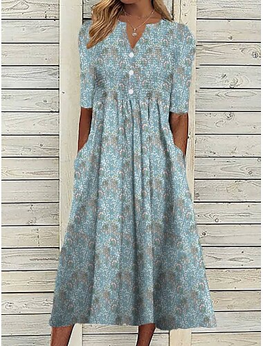  Dames Midi Jurk Bloem Grafisch Ruched Knop V-hals Dagelijks Vakantie Korte Mouw Zomer Lente