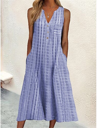  Damen Midikleid Baumwoll-Leinen-Kleider Trägerkleid Sommerkleid Druckkleid Aktiv Mode Outdoor Täglich Wochenende Lässiger Schnitt Karomuster Ärmellos V Ausschnitt Schwarz Rosa Blau Purpur Sommer