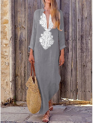  Mulheres Vestido casual Vestido Longo Imprimir Básico Casual Diário Férias Decote V Manga Longa Verão Primavera Outono Amarelo Azul Céu Flor