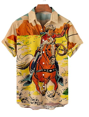  Kentucky-derby Voor heren Wijnoogst Cowboy Overhemd Hawaiiaans overhemd Aloha-shirt Korte Mouw Overhemd Strijkijzer Vintage Modieus Streetwear Straat Casual Dagelijks Geel Rood blauw S M L