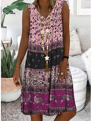  Damen Mini-Kleid Lässiges Kleid Petite Kleid A-Linie Kleid Slip Kleid Bohemia Vintage Fashion Urlaub Party Lässig Reguläre Passform Floral Farbblock Verspielt Ärmellos V-Ausschnitt Gelb