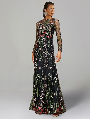  Ίσια Γραμμή Φορέματα καλεσμένων γάμου Λουλουδάτο Φόρεμα Ημιεπίσημο Πάρτυ στον κήπο Μακρύ Μακρυμάνικο Με Κόσμημα Φθινοπωρινός καλεσμένος γάμου Τούλι με Κέντημα 2024