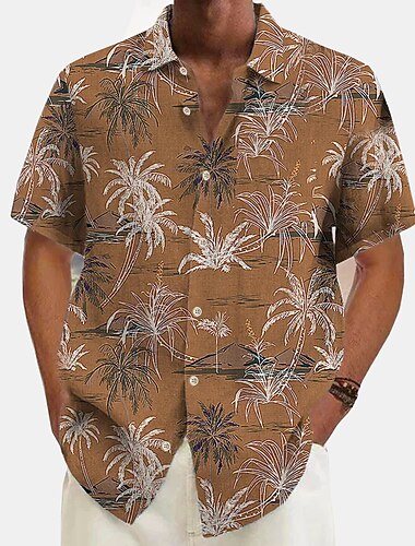  Miesten pellava paita Rantapaita Havaiji paita Button Up paita Kookospuu Loma Havaijilainen Valkoinen Vihreä Khaki Tumman sininen Lyhythihainen Kauluskäänne Kevät kesä Vaatetus Painettu